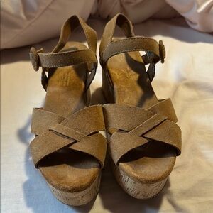 Toms Tan Wedge Sandals with Cork Platform